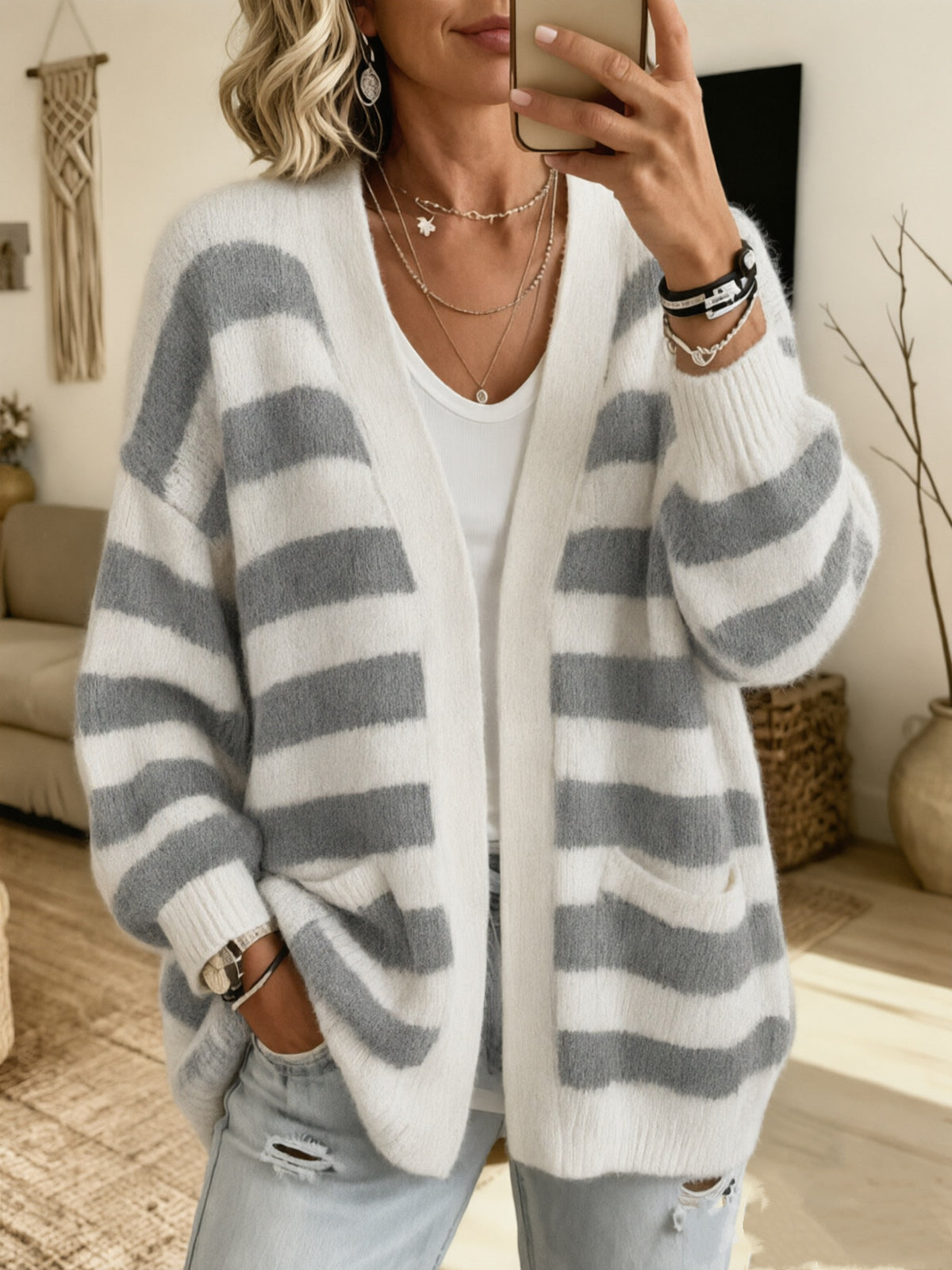Women's Striped Cardigan Top with Pockets - Cozy Everyday Layer