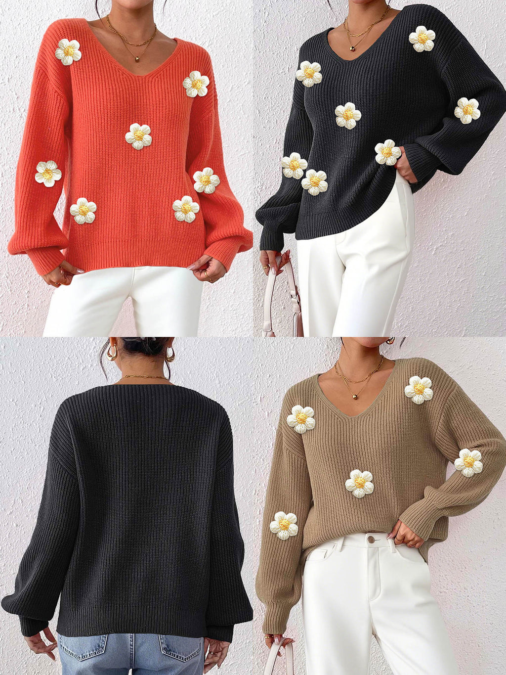 Floral Patchwork V-Neck Sweater - Textured and Elegant