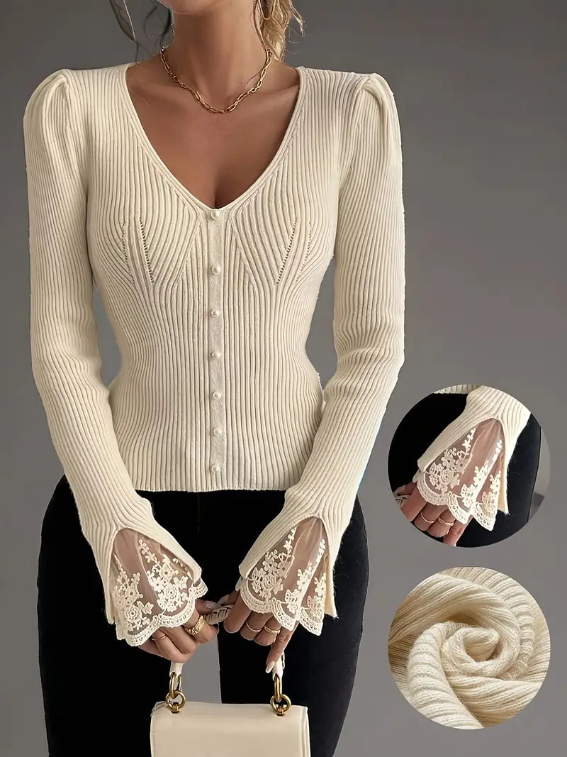 Women’s V-Neck Ribbed Sweater – Cozy Casual Elegant Layering Style