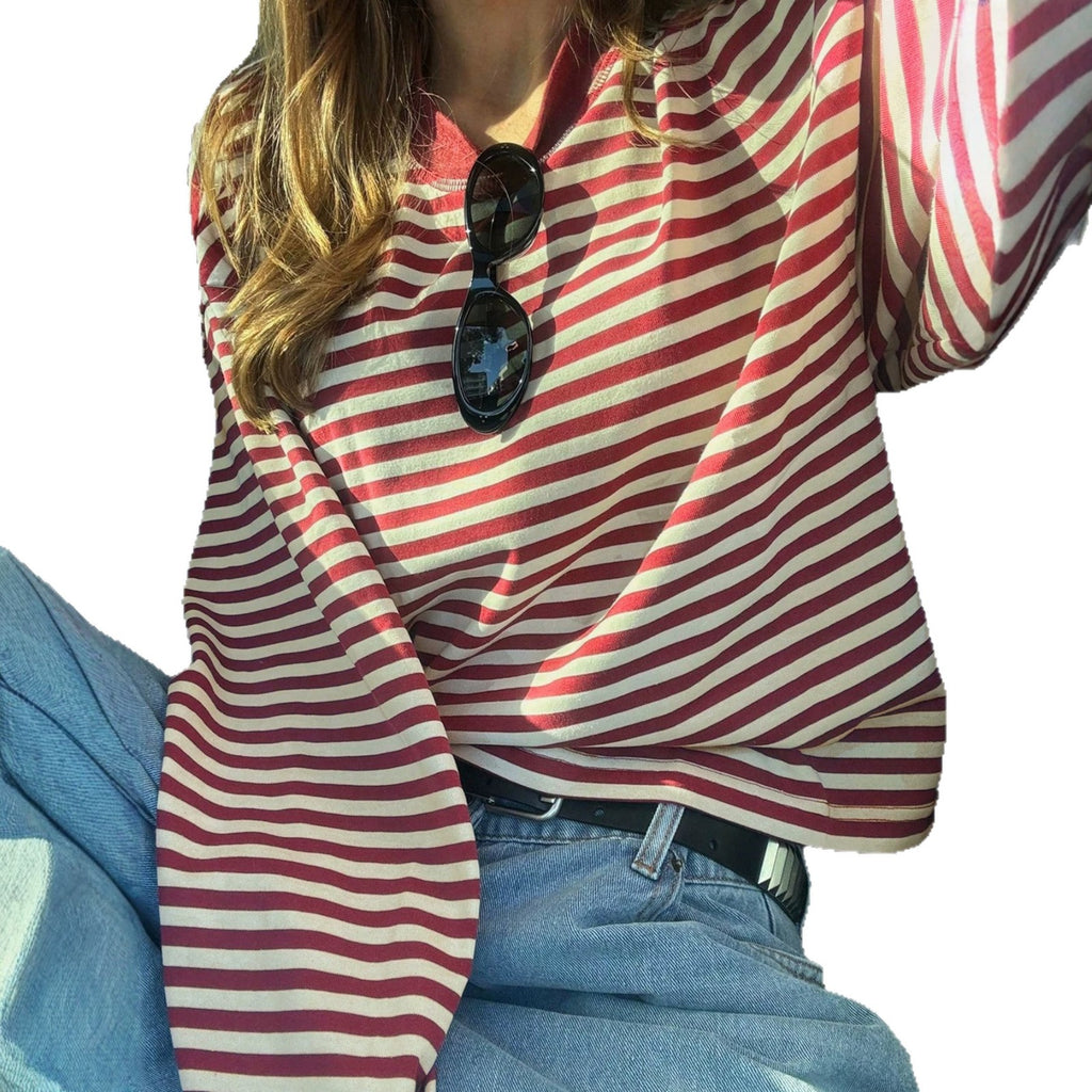 Women’s Retro Color-Block Striped Top – Casual Relaxed Everyday Style