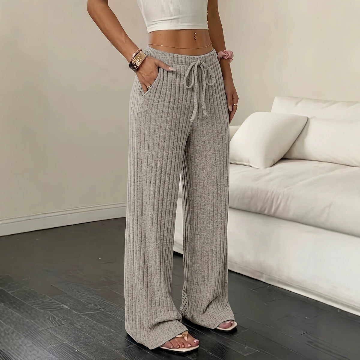 Women’s Wide-Leg Ribbed Knit Pants – Comfortable Casual Fit