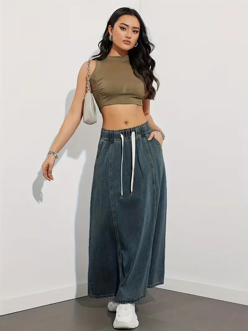 Women's Denim Maxi Skirt with Stretch Waist – Comfortable Everyday Style