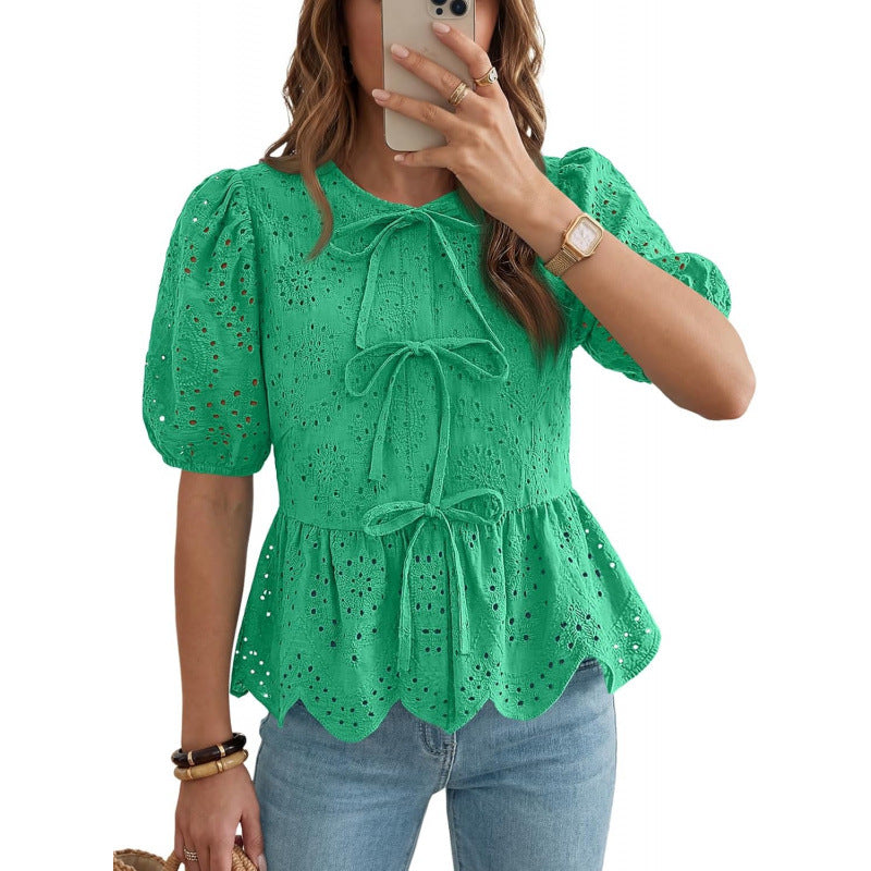 Women's Ruffle-Trim Puff-Sleeve Blouse with Tie Belt – Elegant Feminine Daywear