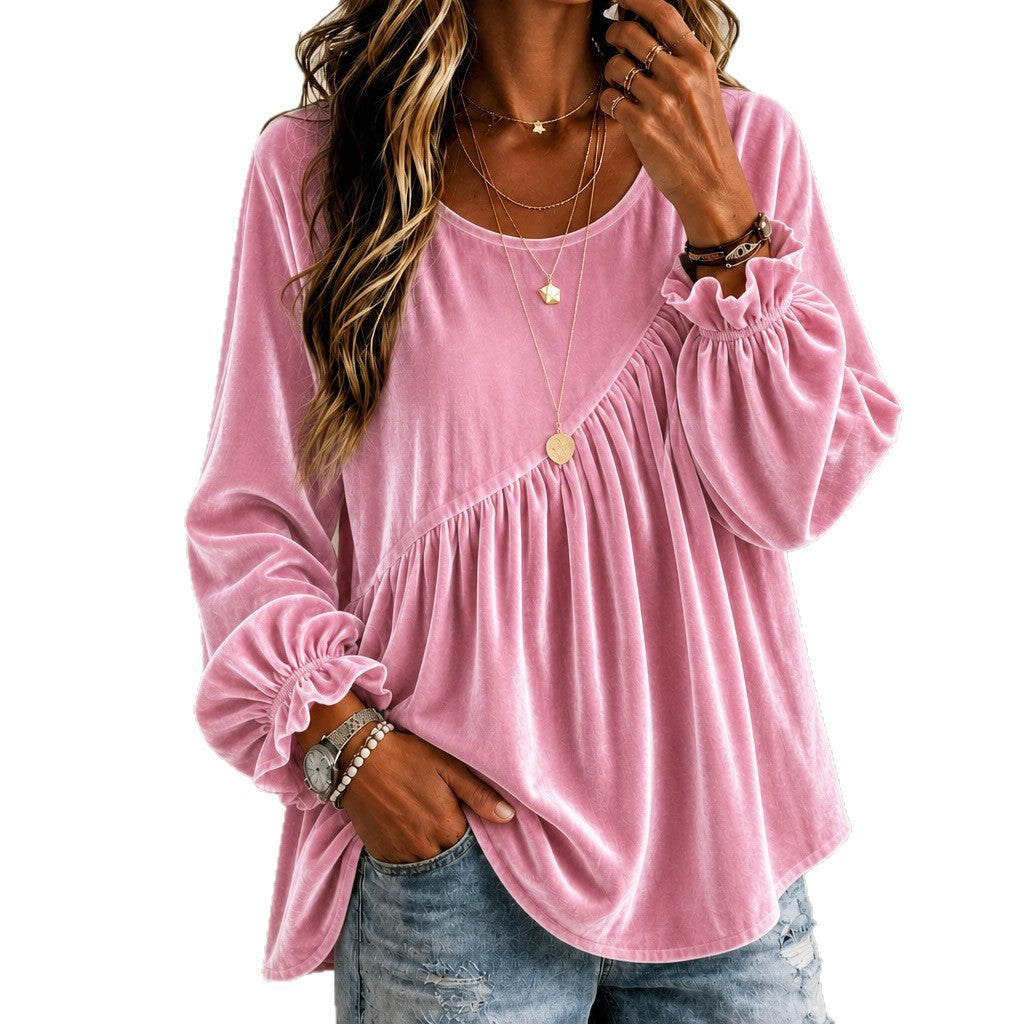 Women’s Velvet Crew Neck Ruffle Top – Relaxed Fit Elegant Style