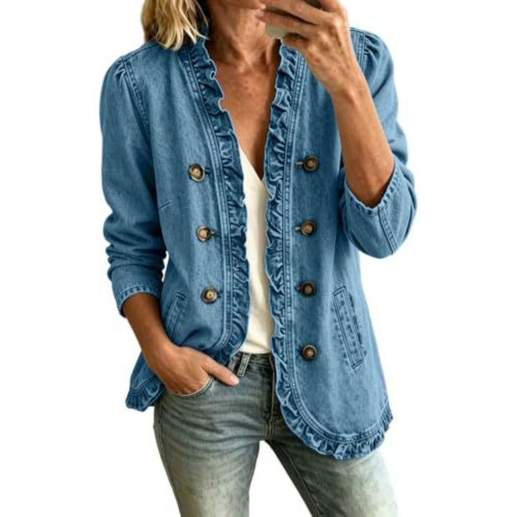 Women's Denim Jacket With Flounced Hem - Soft Casual Button Front Layer