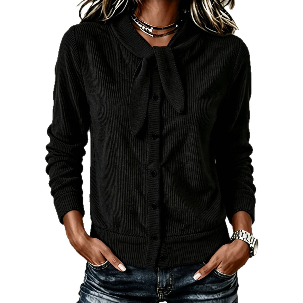 Women's Button Detail Bow Knit Sweater - Soft Feminine Layer