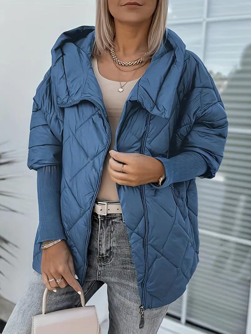 Women’s Hooded Zip-Up Puffer Jacket – Chic Patchwork Warm Winter Style