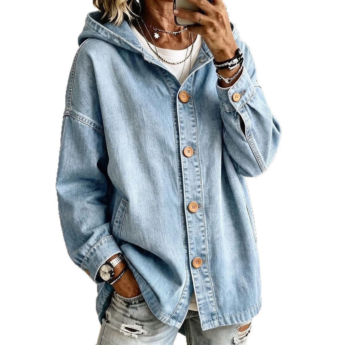 Hooded Denim Jacket for Women - Casual and Practical