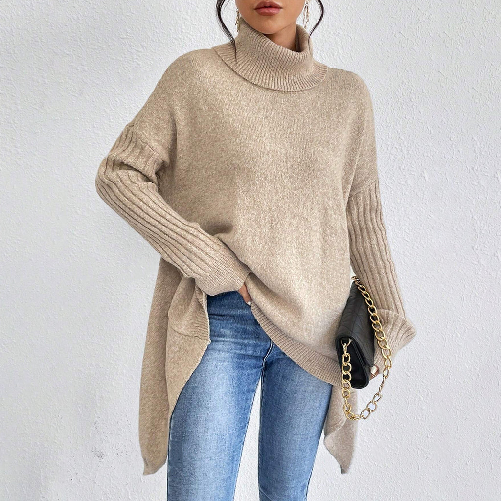 Women’s Irregular Turtleneck Sweater – Loose Knit Long-Sleeve Pullover