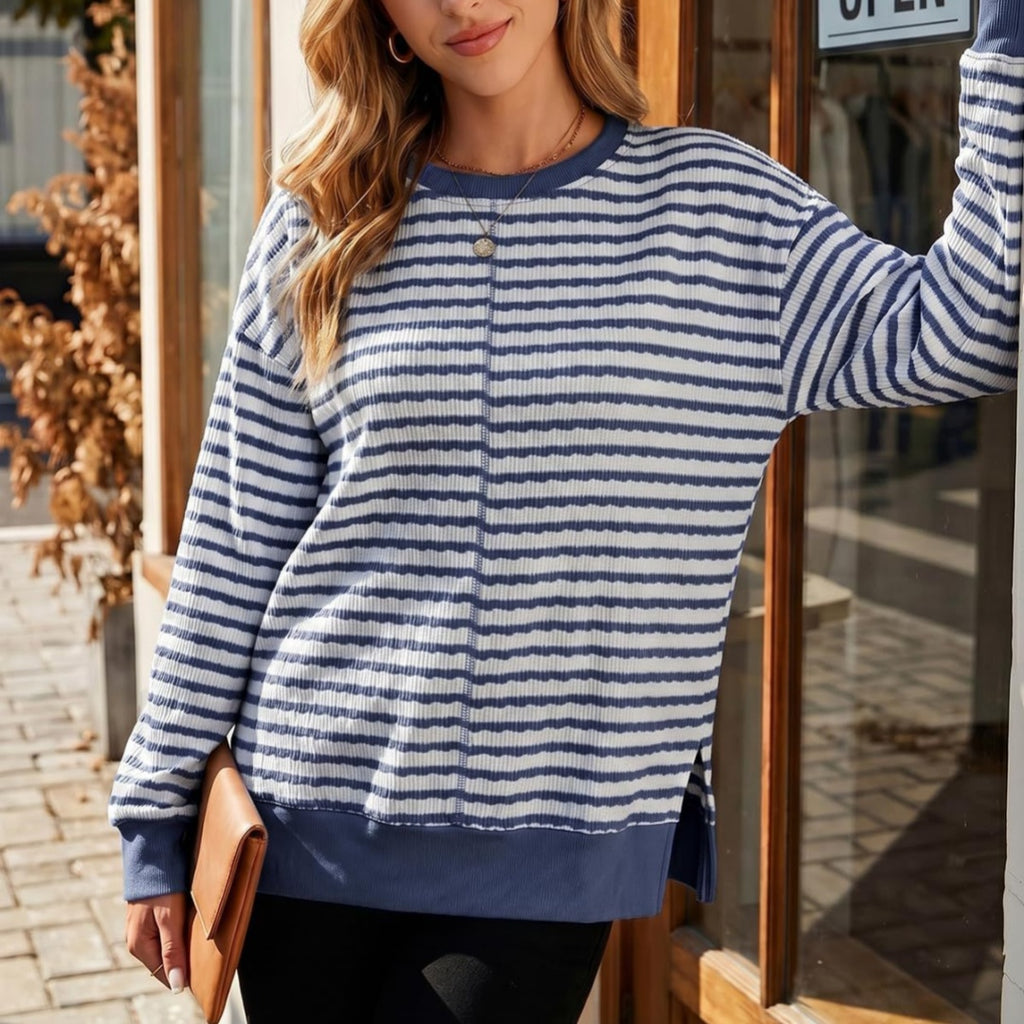 Side-Slit Striped Pullover Top - Casual and Relaxed