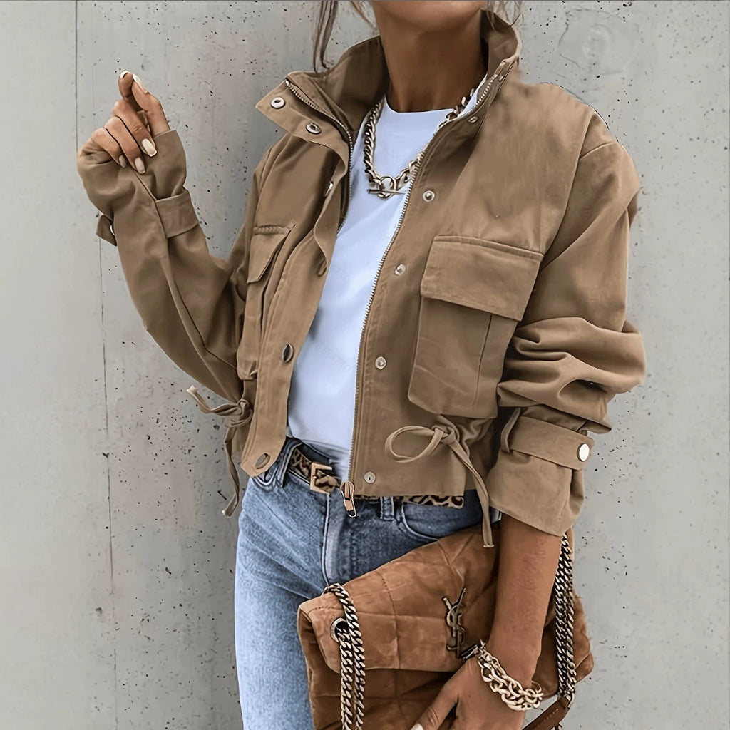 Women’s Long Sleeve Mandarin Collar Biker Jacket – Chic Vintage Casual Style