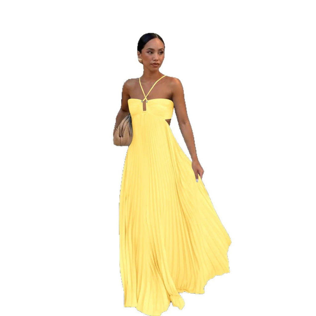 Women's Pleated Sleeveless Halter Dress – Elegant Evening Party Style