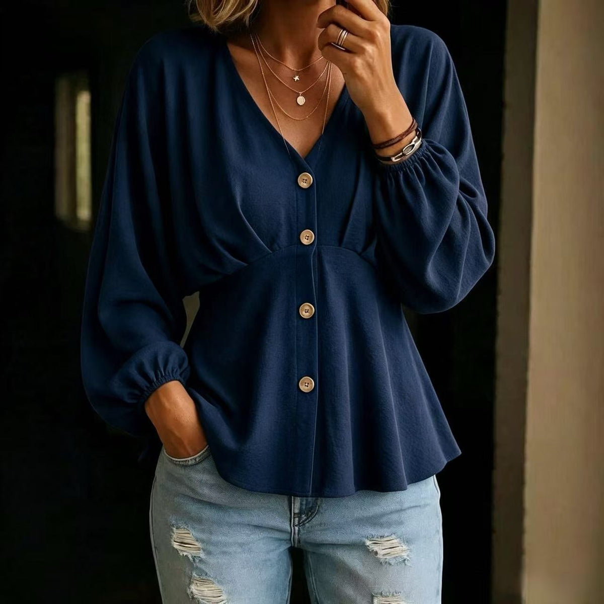 Draped Lantern-Sleeve Long-Sleeve Shirt - Soft and Versatile