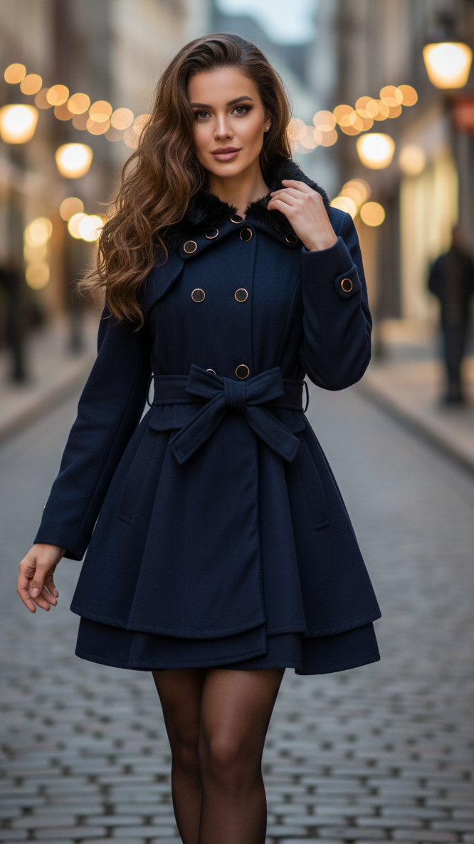 Women’s Double-Breasted Faux Fur Collar Coat – Elegant Warm Winter Style