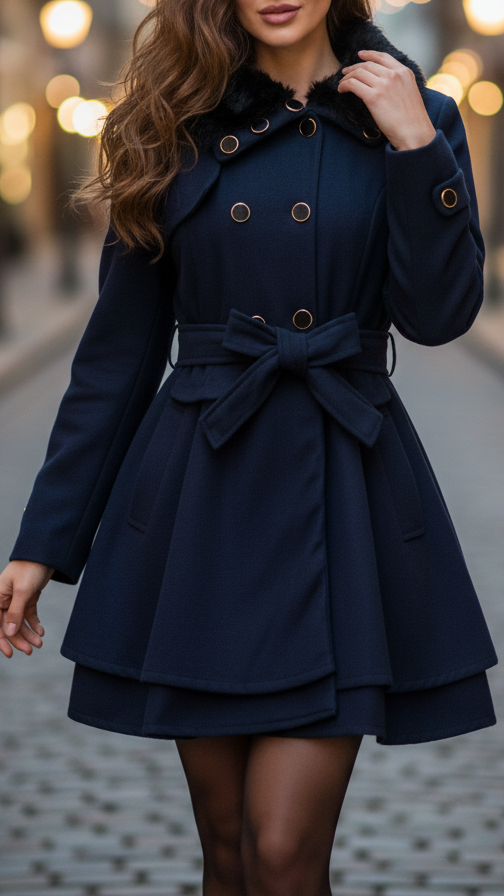 Women’s Double-Breasted Faux Fur Collar Coat – Elegant Warm Winter Style