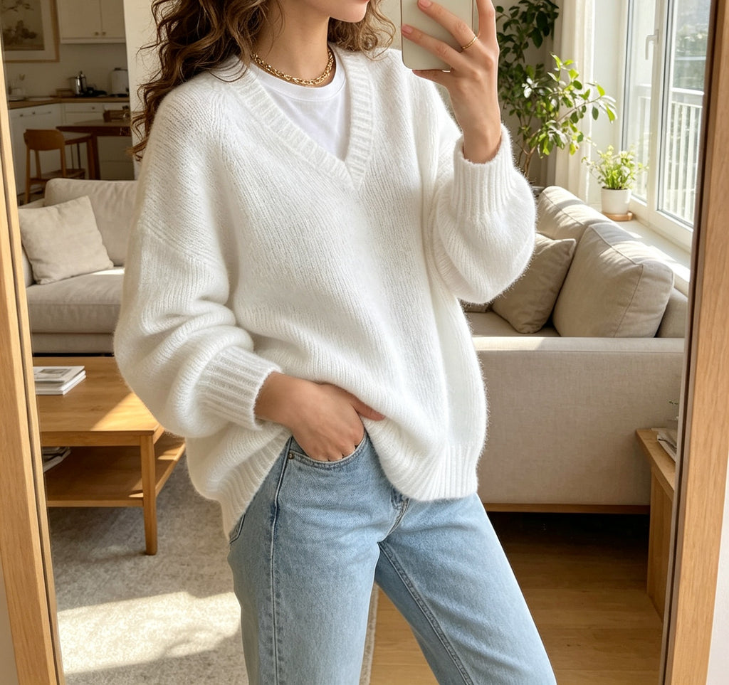 Loose V-Neck Knit Sweater - Soft and Relaxed