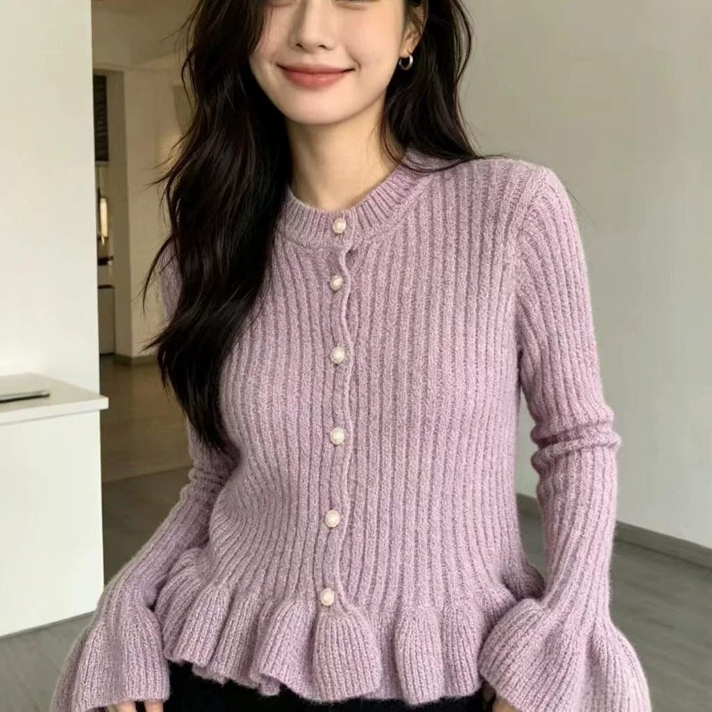 Ruffled Flared-Sleeve Knit Blouse - Elegant and Feminine