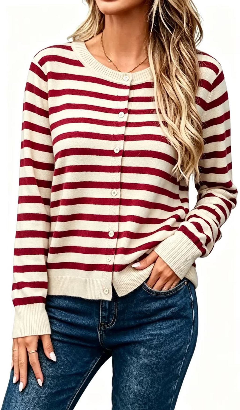 Women’s Long Sleeve Striped Knit Cardigan – Loose-Fit Cozy Casual Style