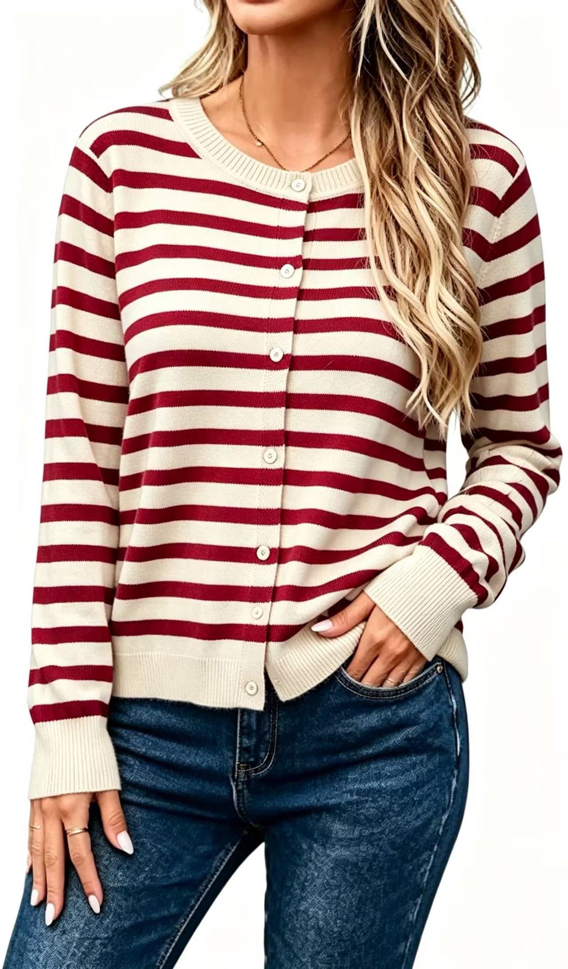Women’s Long Sleeve Striped Knit Cardigan – Loose-Fit Cozy Casual Style