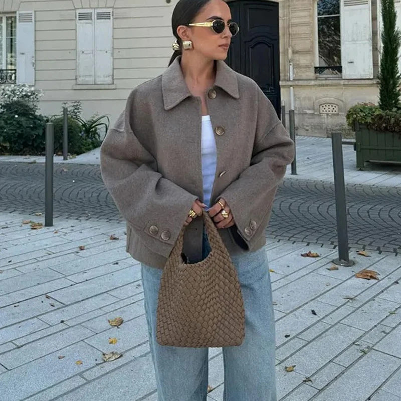Short Notched-Collar Wool Coat - Chic and Soft