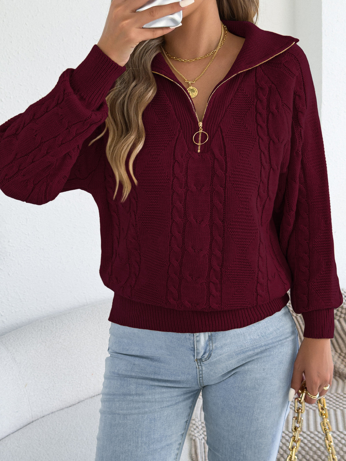 Cable-Knit Zip Collar Sweater - Cozy and Practical
