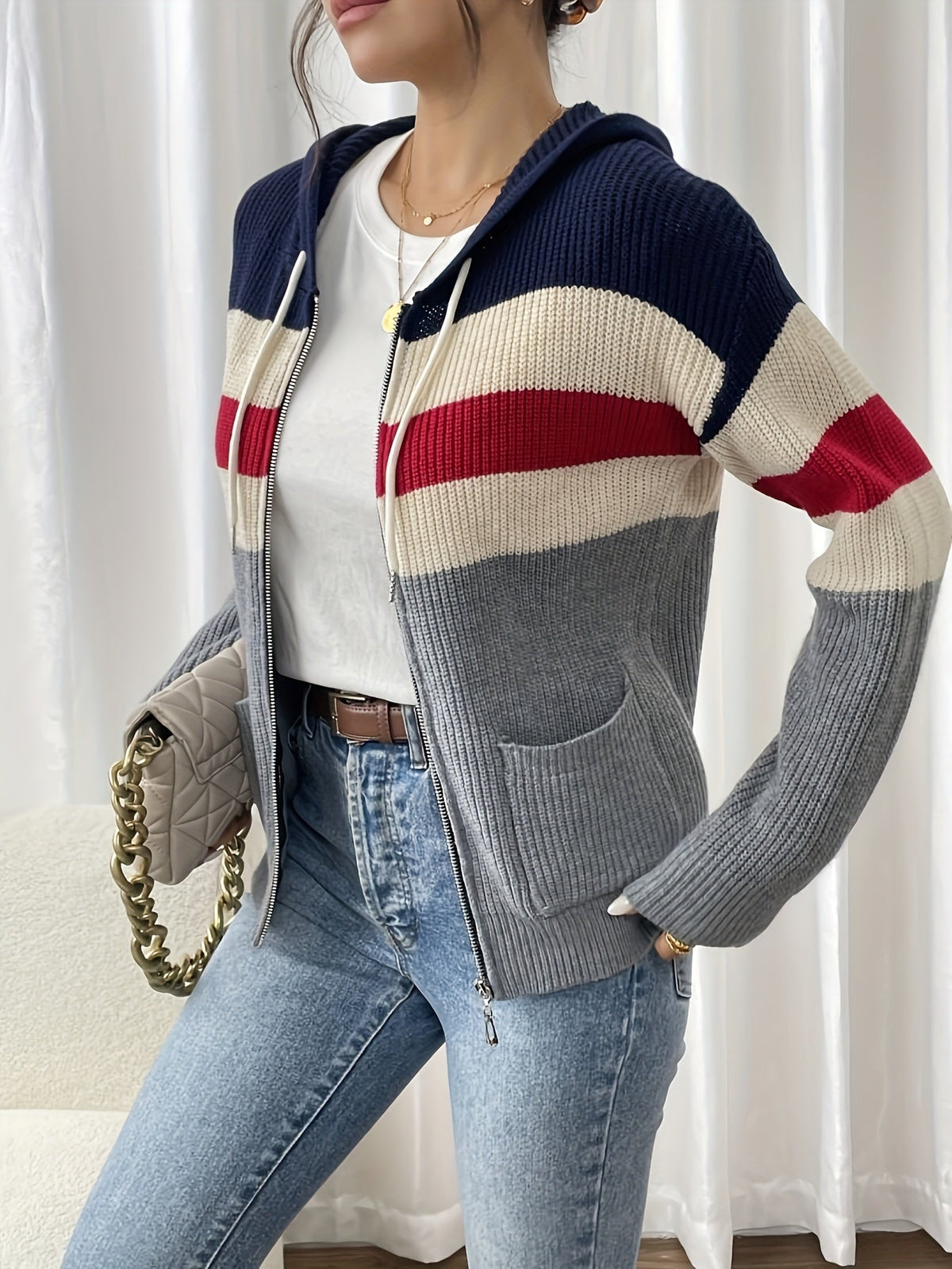 Women’s Color Block Hooded Zip Cardigan – Cozy Casual Layer