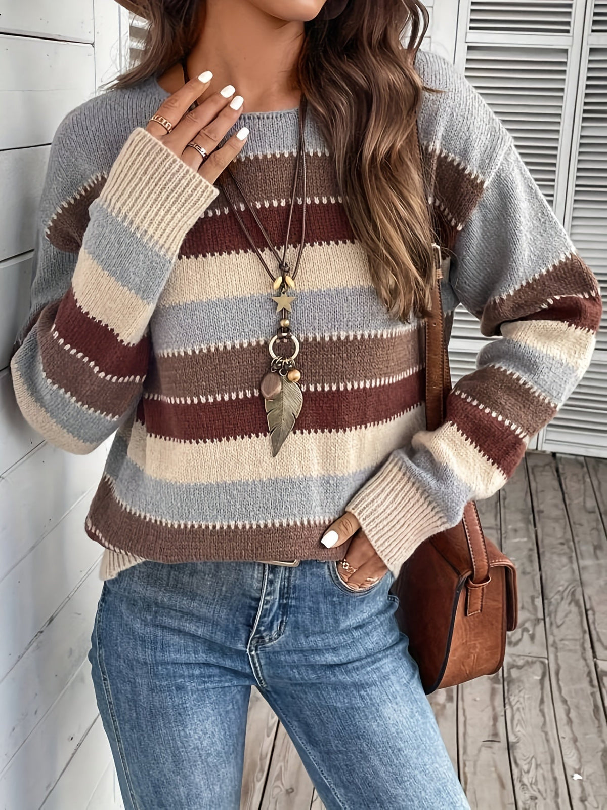 Women’s Striped Round Neck Sweater – Soft Casual Knit