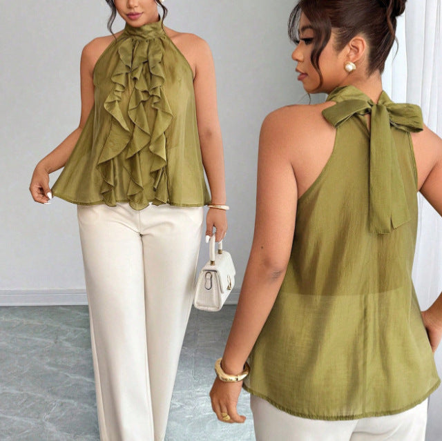 Women's Plus Size Ruffle Halter Top - Flowy Sleeveless Statement Blouse