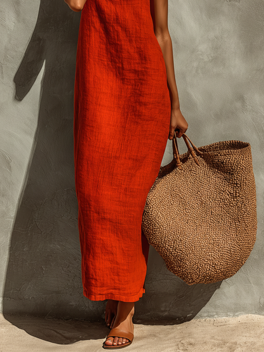 Women's Red Linen Maxi Dress - Square Neck Spaghetti Strap Resort Style