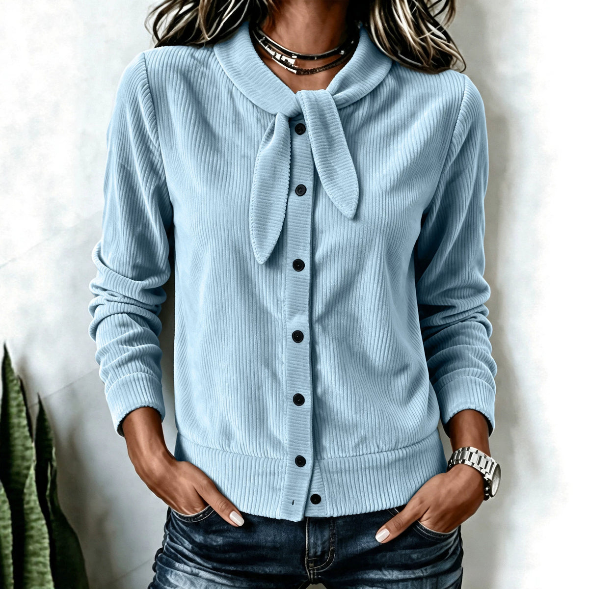 Women's Button Detail Bow Knit Sweater - Soft Feminine Layer