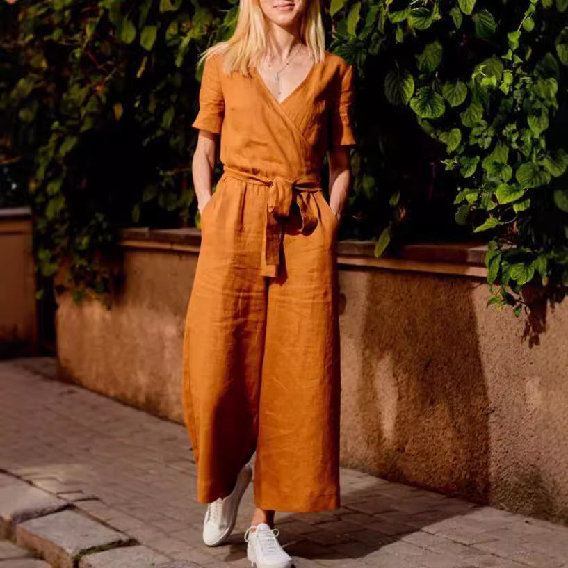 Women's Color-Block Short Sleeve Jumpsuit - Relaxed Wide Leg Everyday One-Piece
