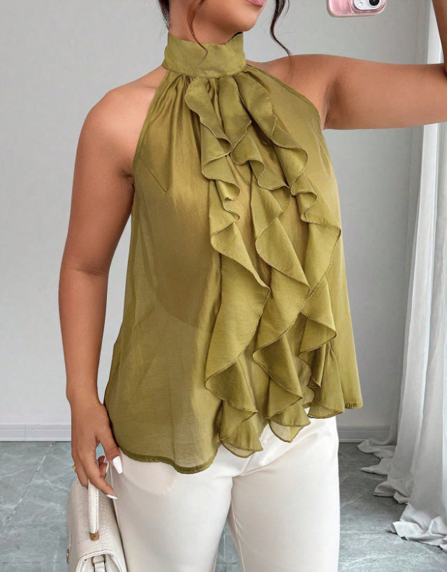 Women's Plus Size Ruffle Halter Top - Flowy Sleeveless Statement Blouse