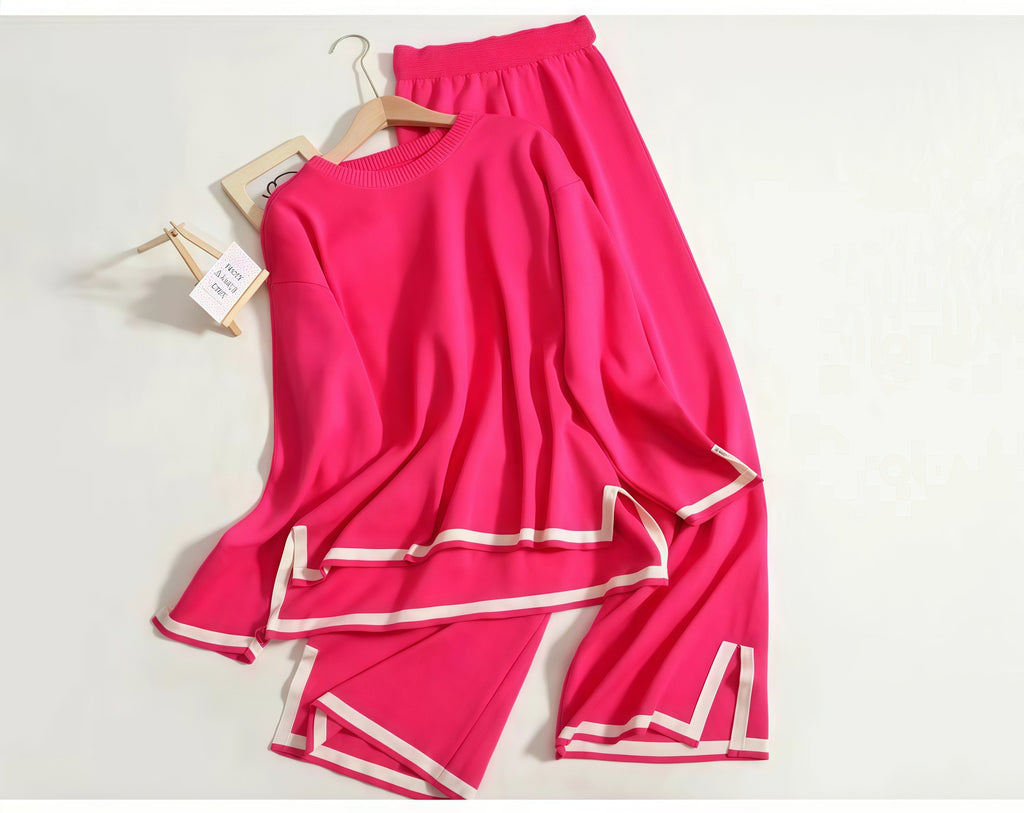 Slit Long-Sleeve Top and Wide-Leg Pants Set - Polished and Comfortable