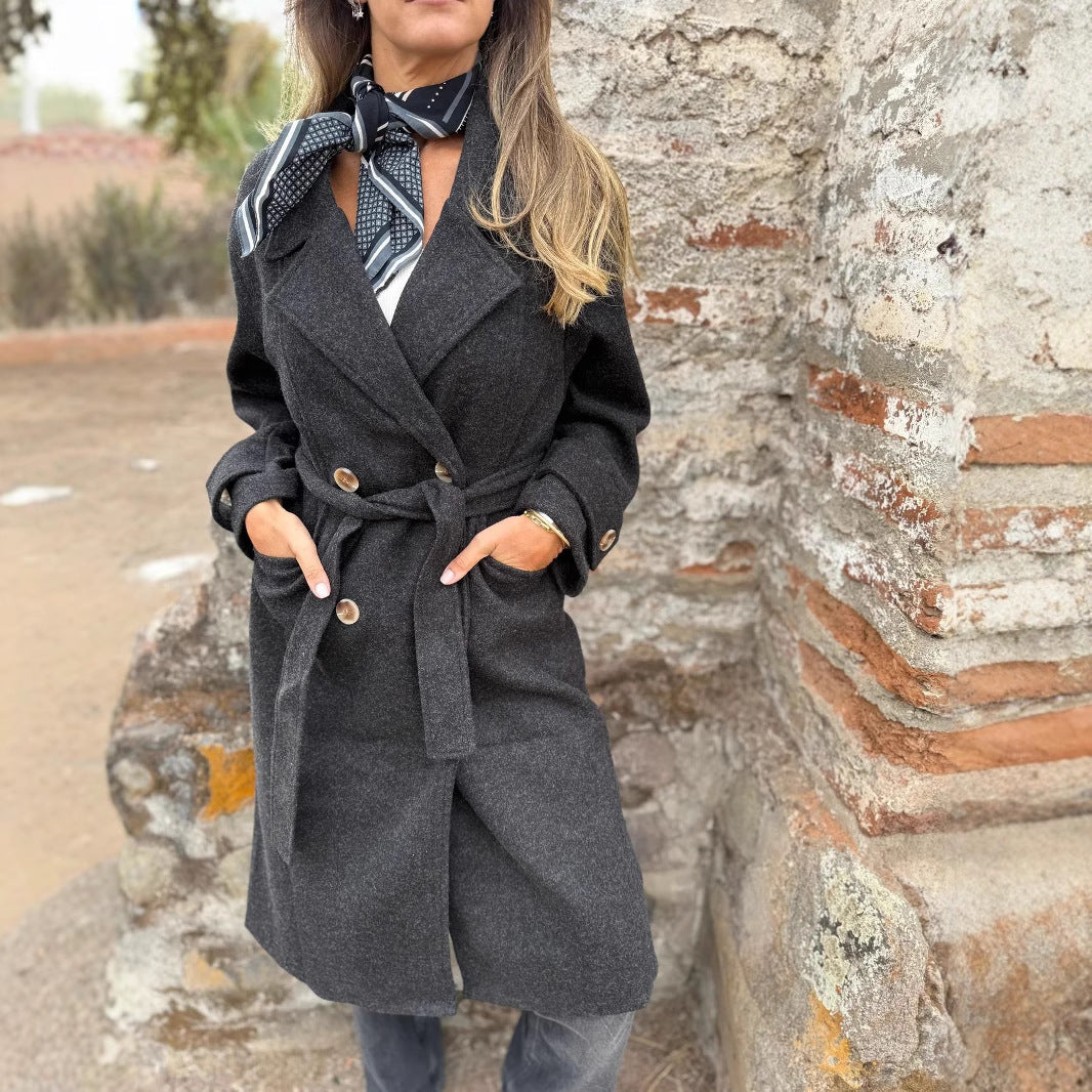 Women’s Autumn Winter Lace-Up Cardigan Coat – Casual Long Sleeve Lapel Wool Blend with Pockets