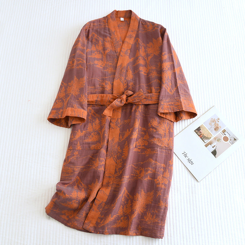 Couple’s Cotton Jacquard Bathrobe Set – Soft Loose Robes with Elegant Lace Trim