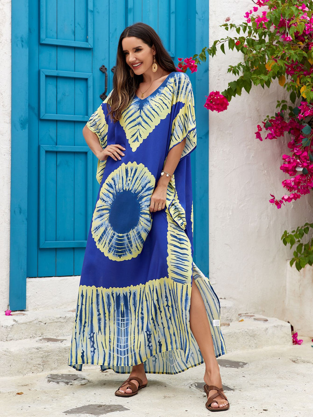Women's Printed V-Neck Maxi Holiday Dress - Relaxed One Size Daywear