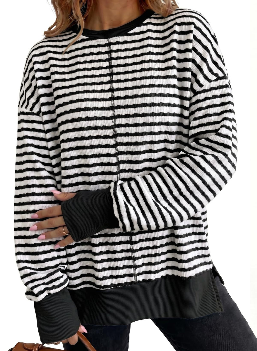 Side-Slit Striped Pullover Top - Casual and Relaxed