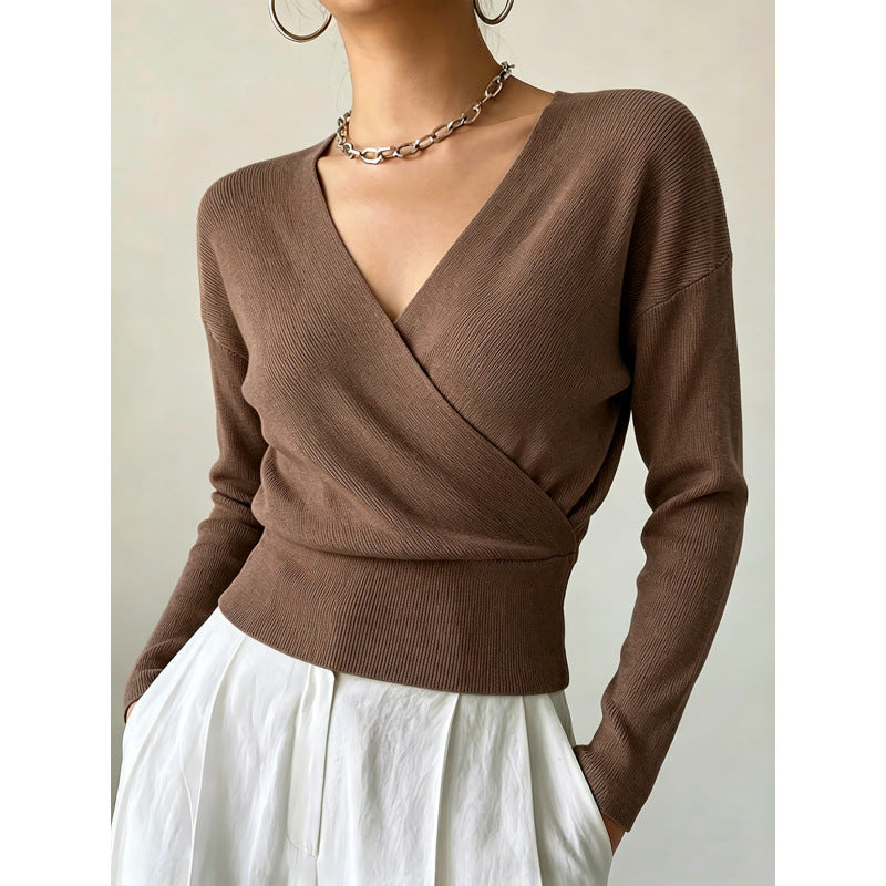 Cross-Neck Waist-Cinching Knit Sweater - Soft and Shaped