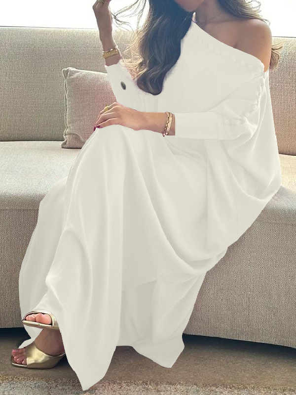 Women's Buttoned H-Line Maxi Dress – Loose Solid Color Vacation Dress