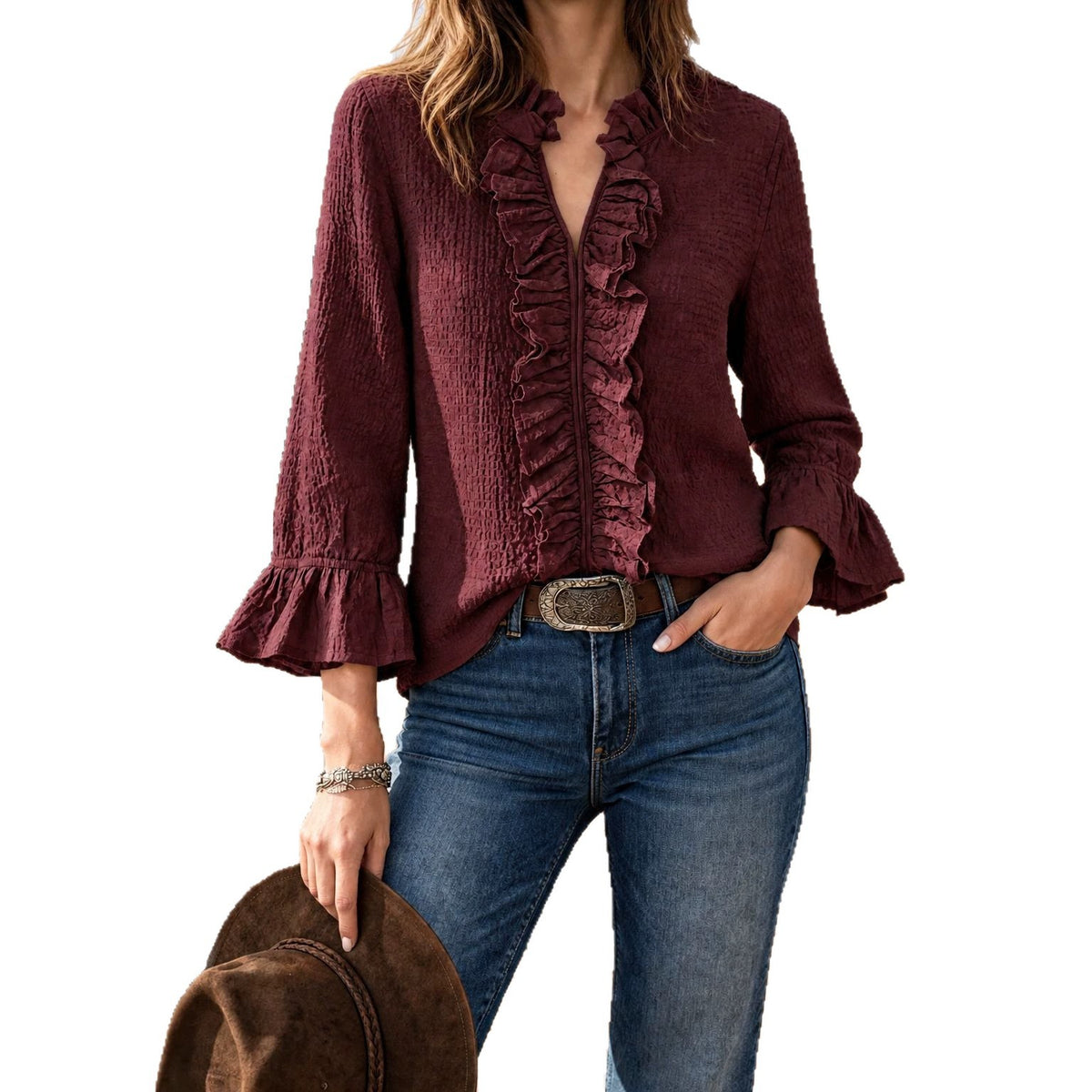Ruffle-Trim V-Neck Top - Casual and Feminine