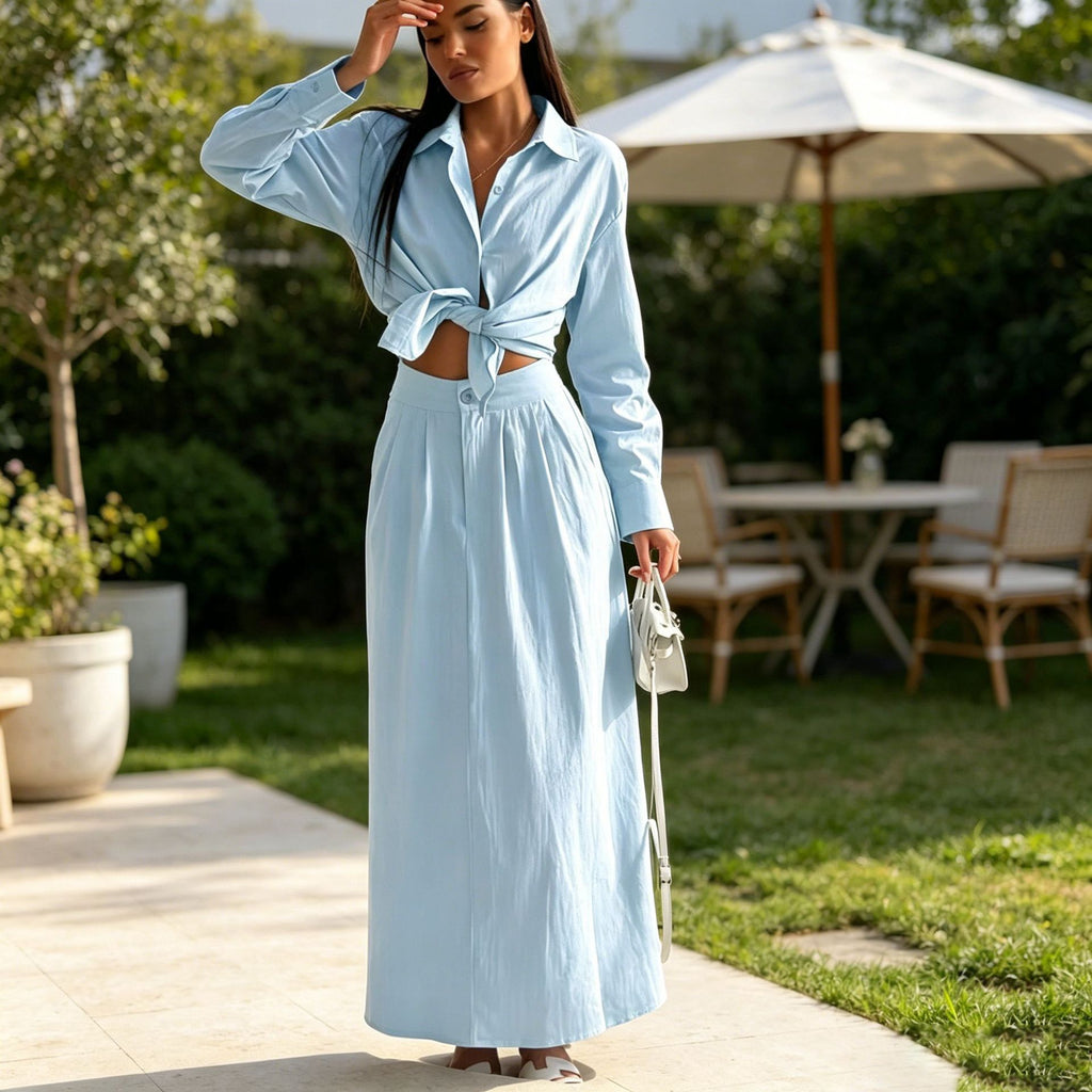 Women's Long Sleeve Blouse and Skirt Set - Elegant Matching Two-Piece Outfit