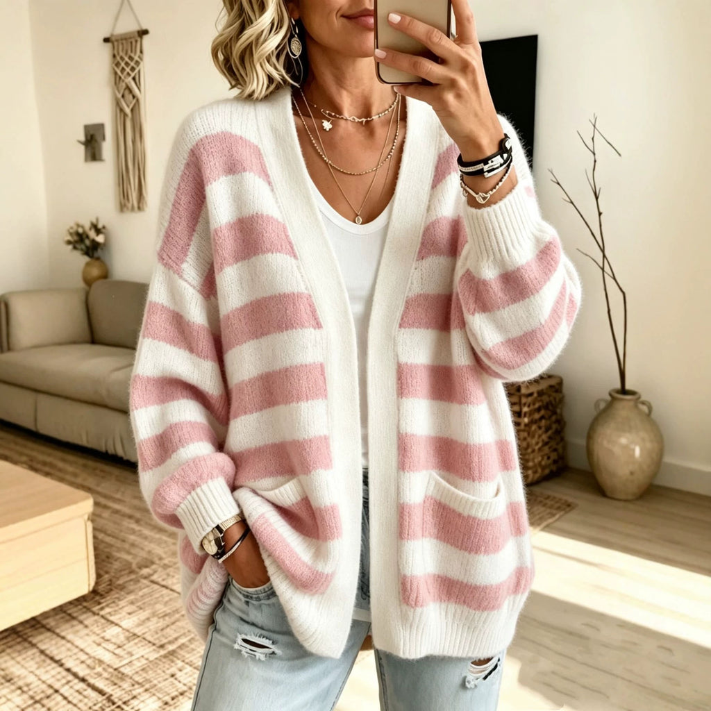 Women's Striped Cardigan Top with Pockets - Cozy Everyday Layer