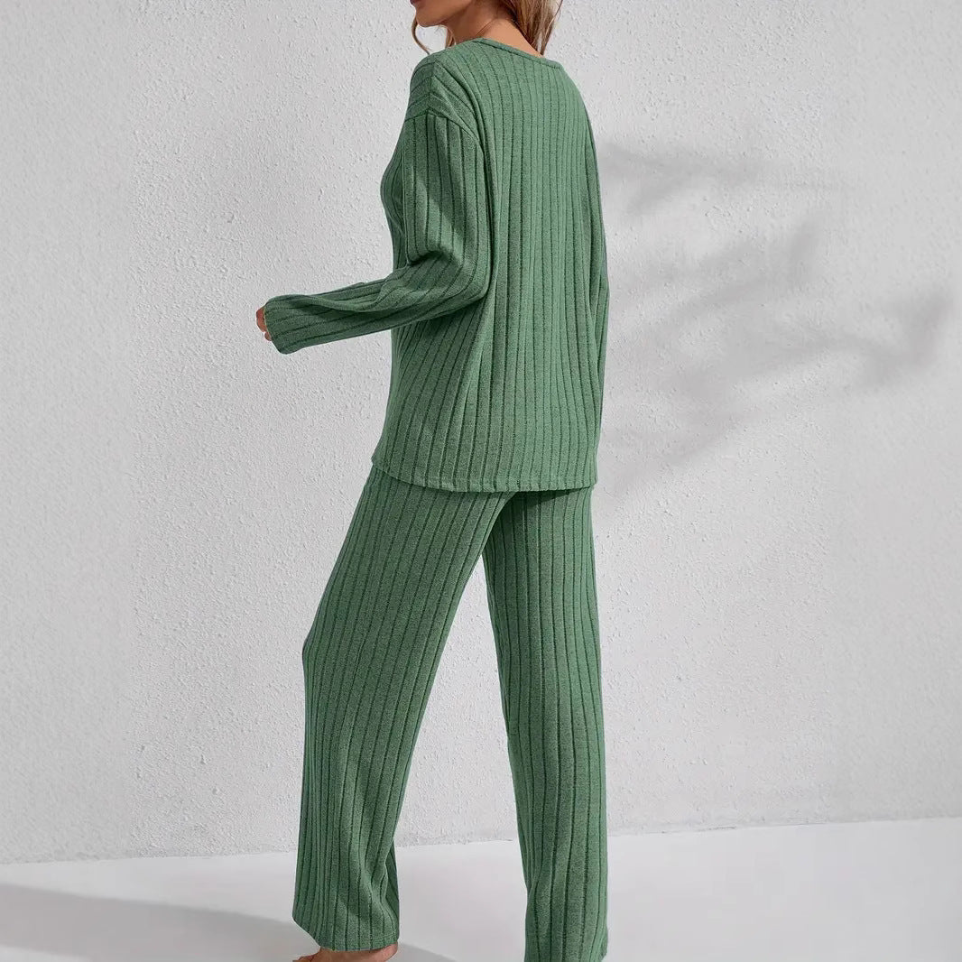 Women's Ribbed Long-Sleeve Top and Pants Set – Casual Comfortable Loungewear