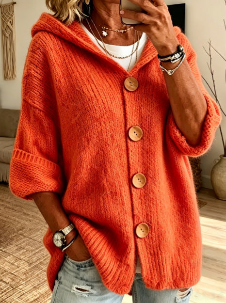 Women’s Solid Color Hooded Cardigan Sweater – Long Sleeve Button-Down Knit Casual Everyday Style
