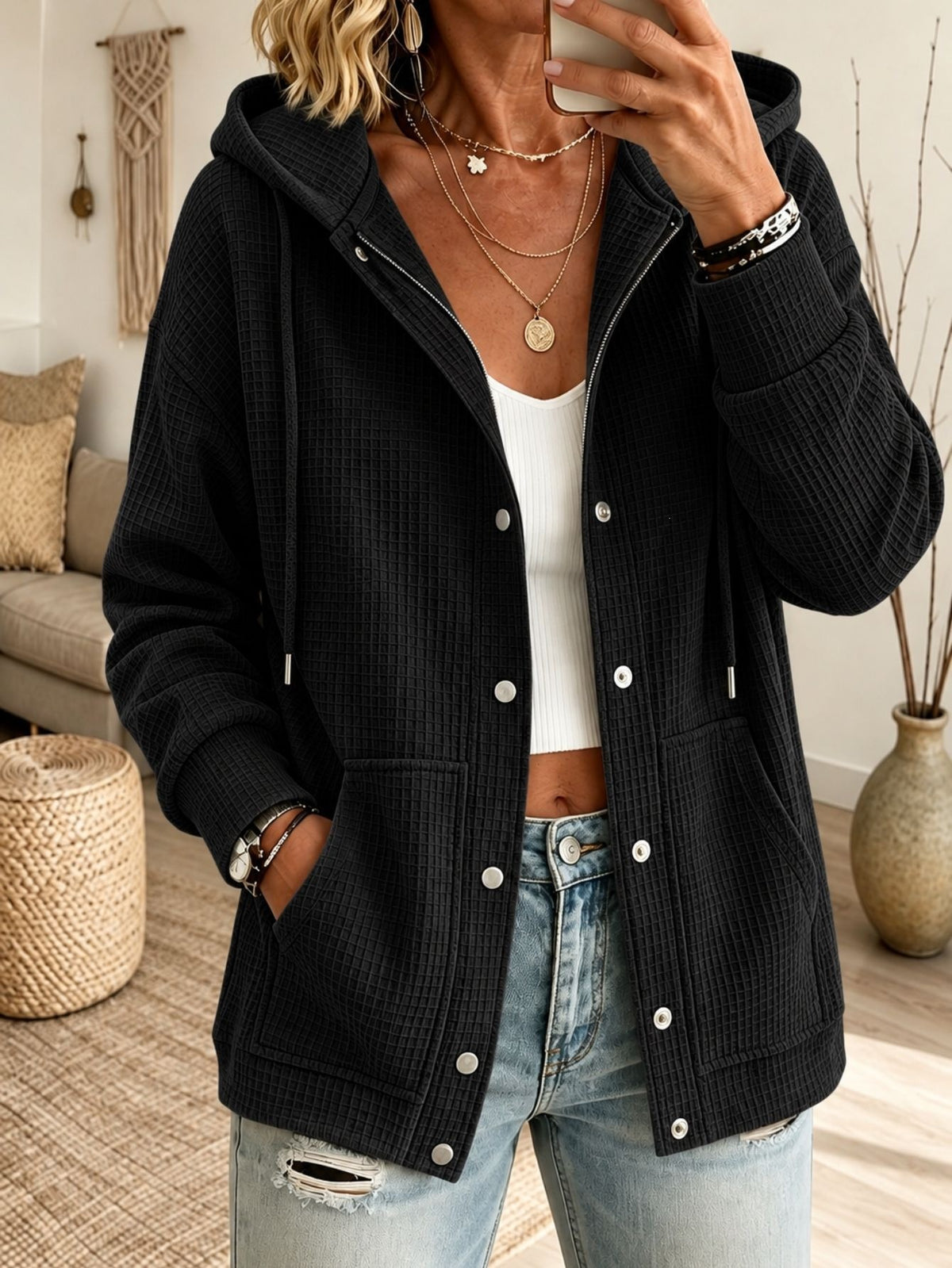 Hooded Drawstring Cardigan Top - Casual and Cozy