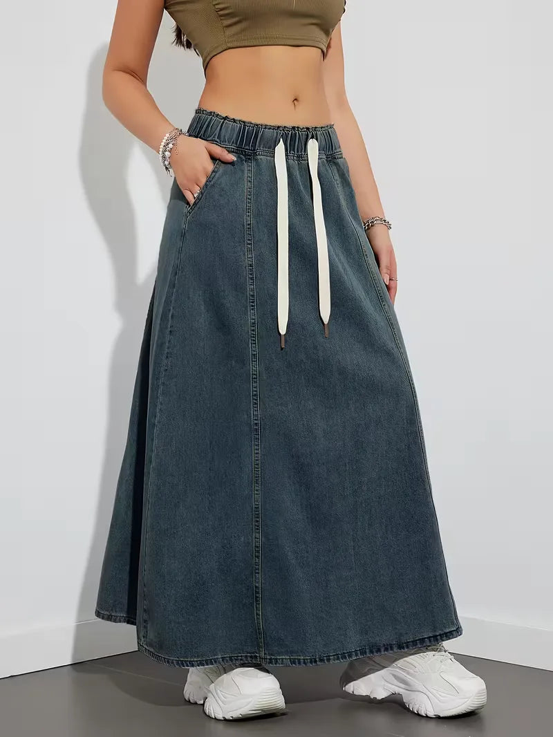 Women's Denim Maxi Skirt with Stretch Waist – Comfortable Everyday Style