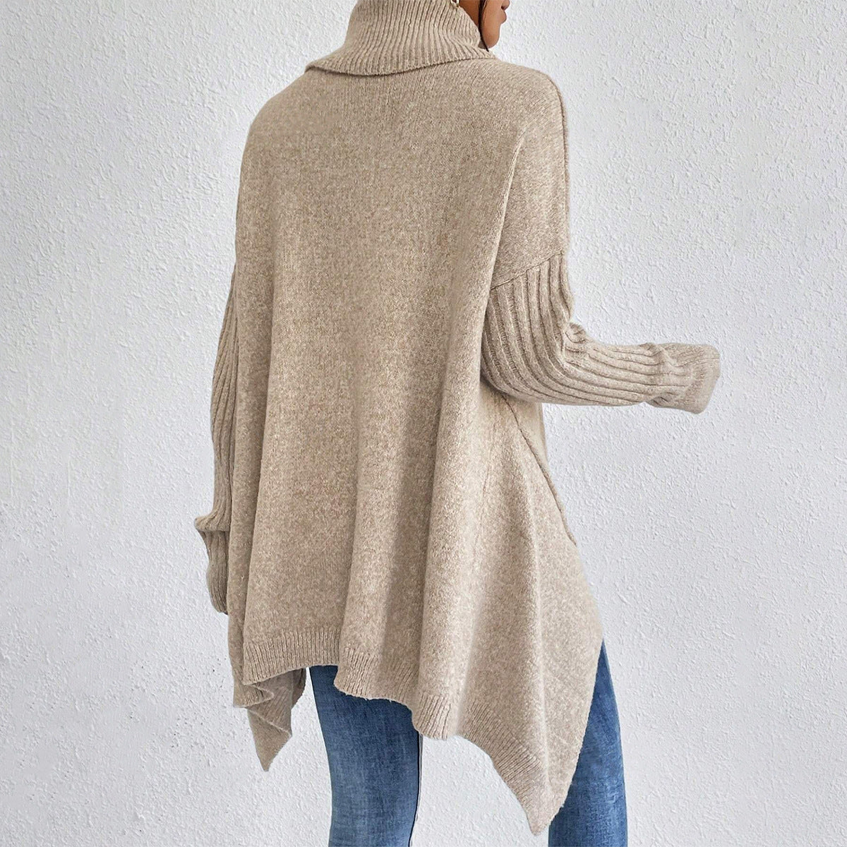 Women’s Irregular Turtleneck Sweater – Loose Knit Long-Sleeve Pullover