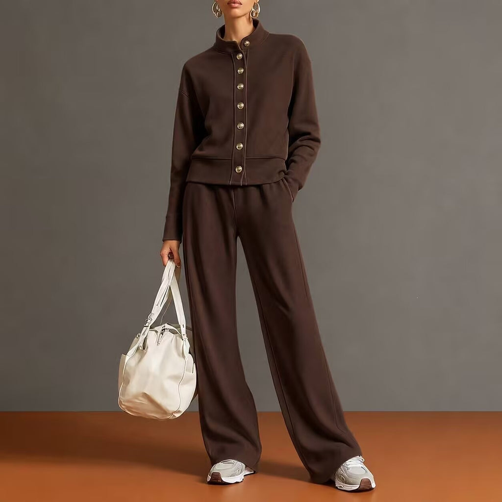 Stand-Collar Cardigan and Wide-Leg Pants Set - Polished and Comfortable