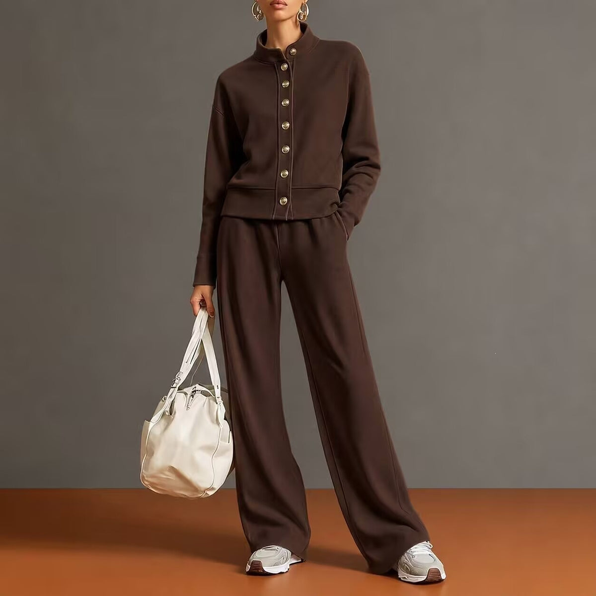 Stand-Collar Cardigan and Wide-Leg Pants Set - Polished and Comfortable