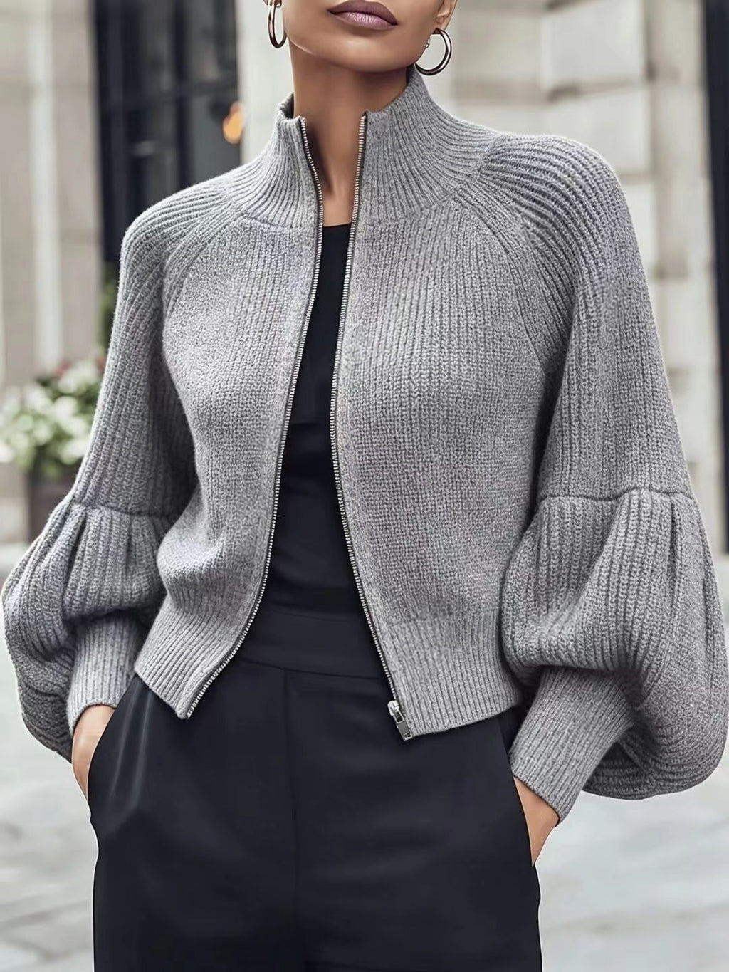 Fluffy Lantern-Sleeve Textured Sweater - Soft and Cozy